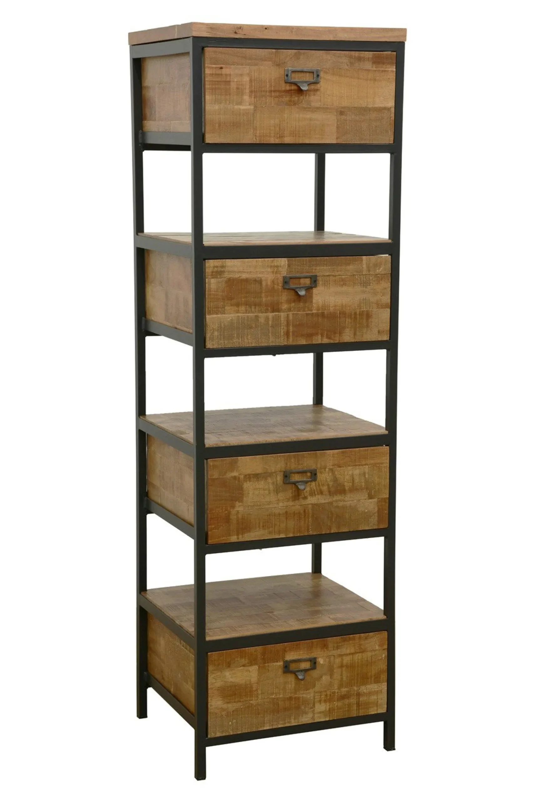 Colonne 4 tiroirs, 3 niches ouvertes en Hévéa recyclé naturel et métal 45x40x150cm LOFT