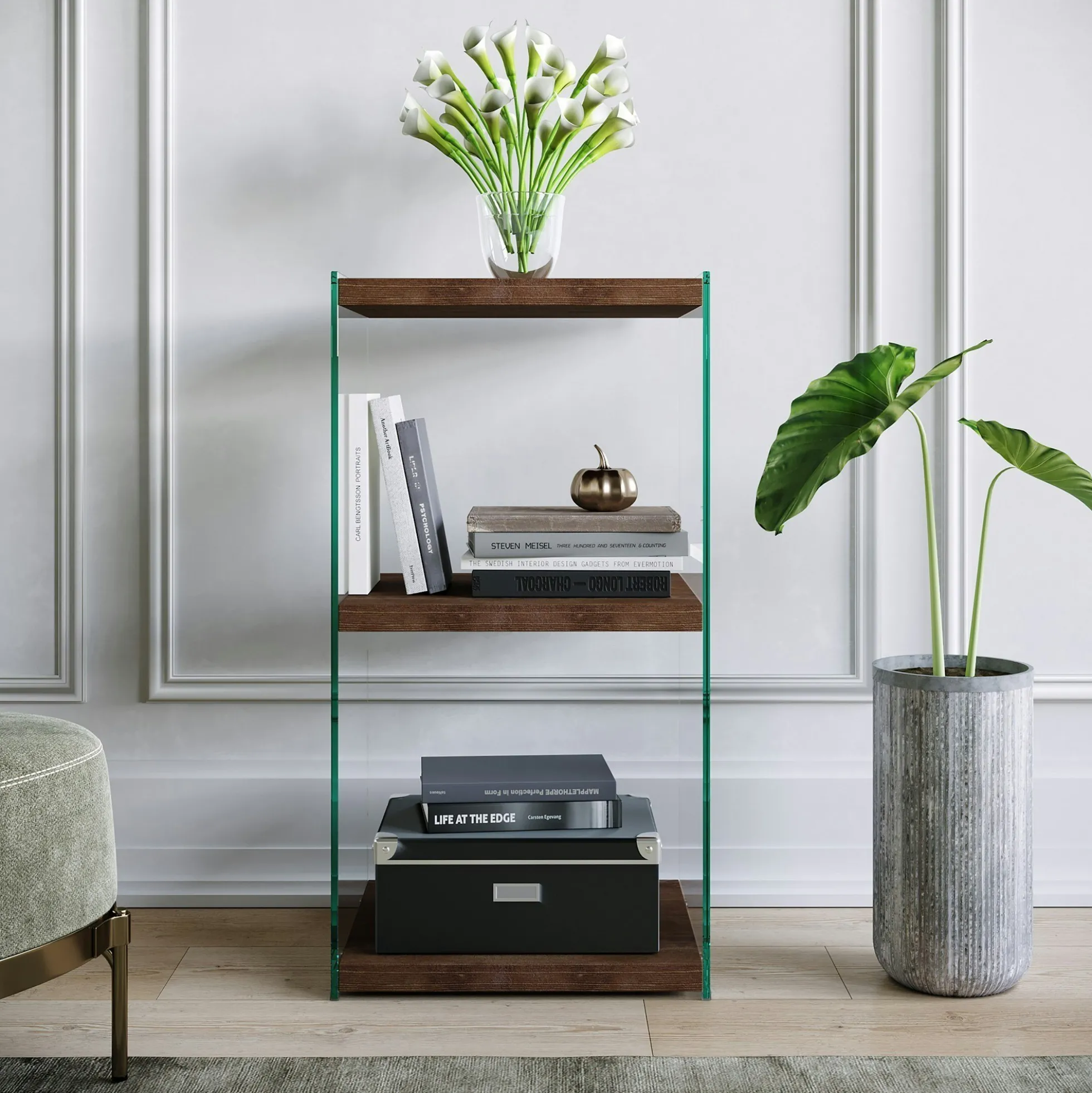 Colonne vitrine design - bois brun, 3 plateaux LHASA