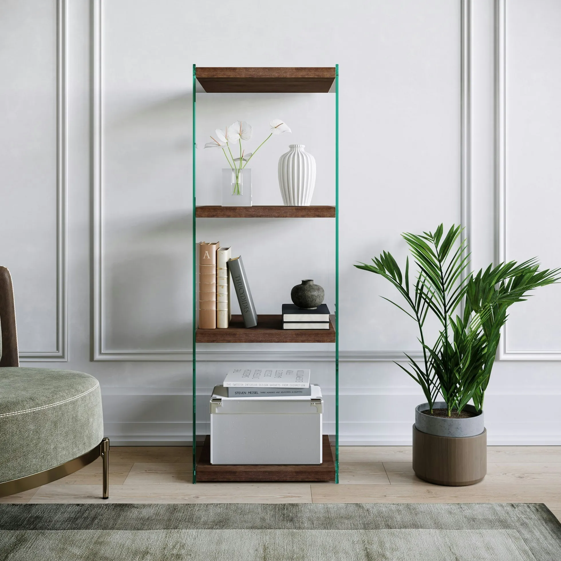 Colonne vitrine design - bois brun, 4 plateaux LHASA