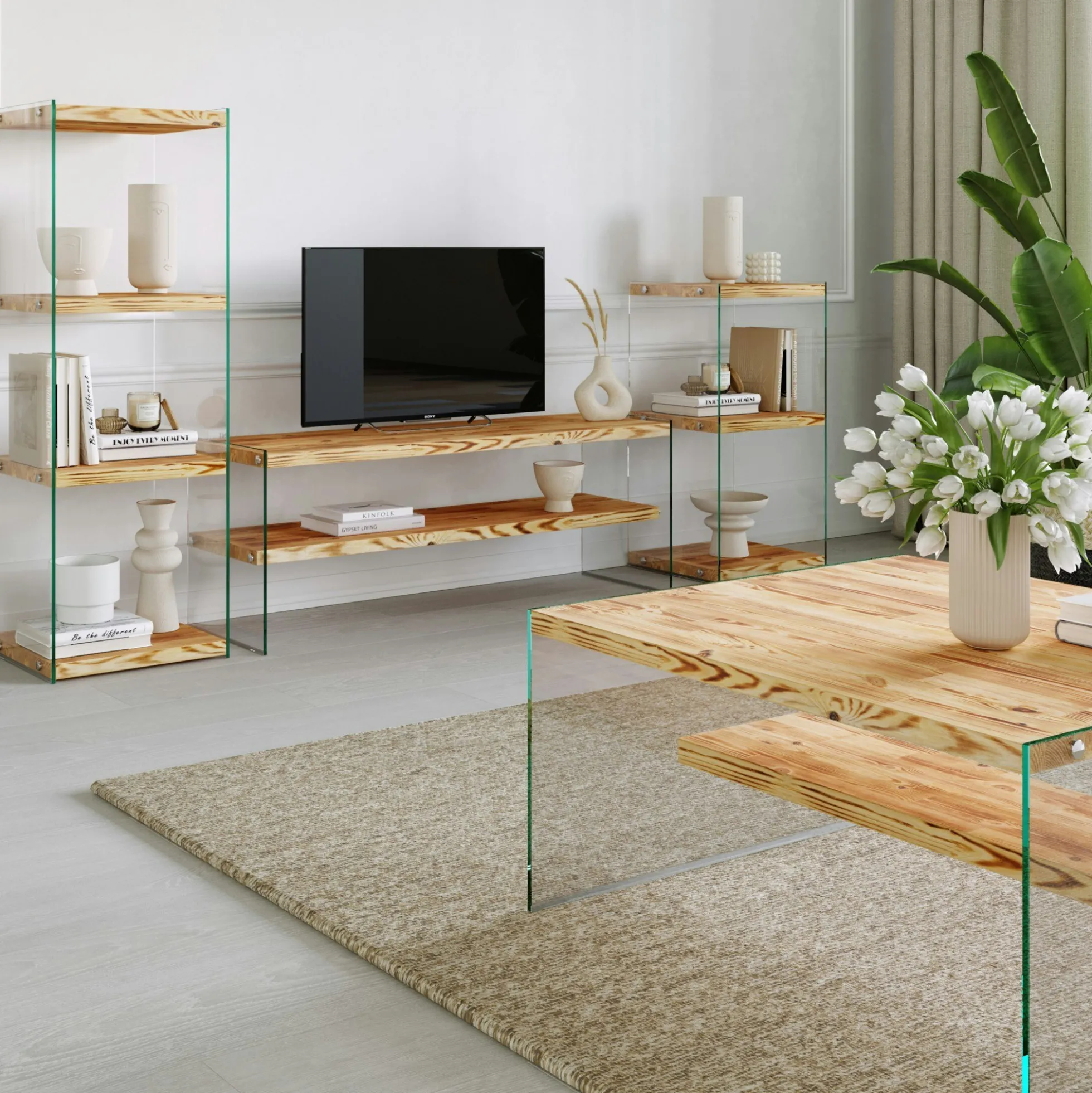 Colonne vitrine design - bois clair, 4 plateaux LHASA