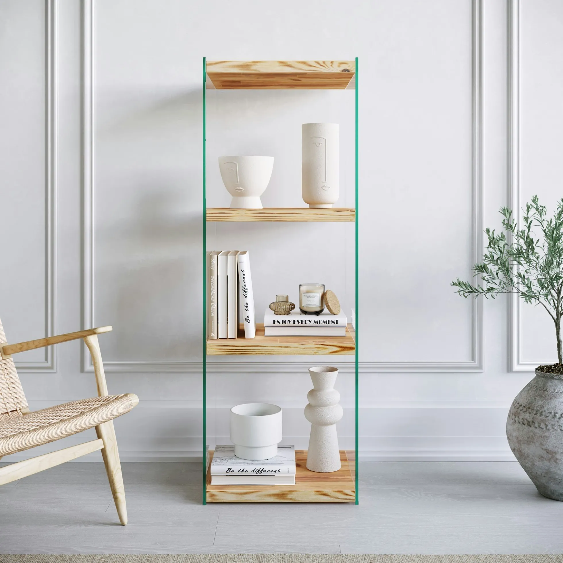 Colonne vitrine design - bois clair, 4 plateaux LHASA