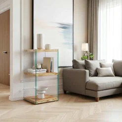 Colonne vitrine design - bois clair, 3 plateaux LHASA