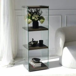 Colonne vitrine design - bois gris foncé, 4 plateaux LHASA