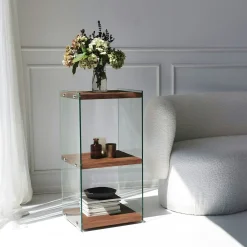 Colonne vitrine design - bois marron, 3 plateaux LHASA