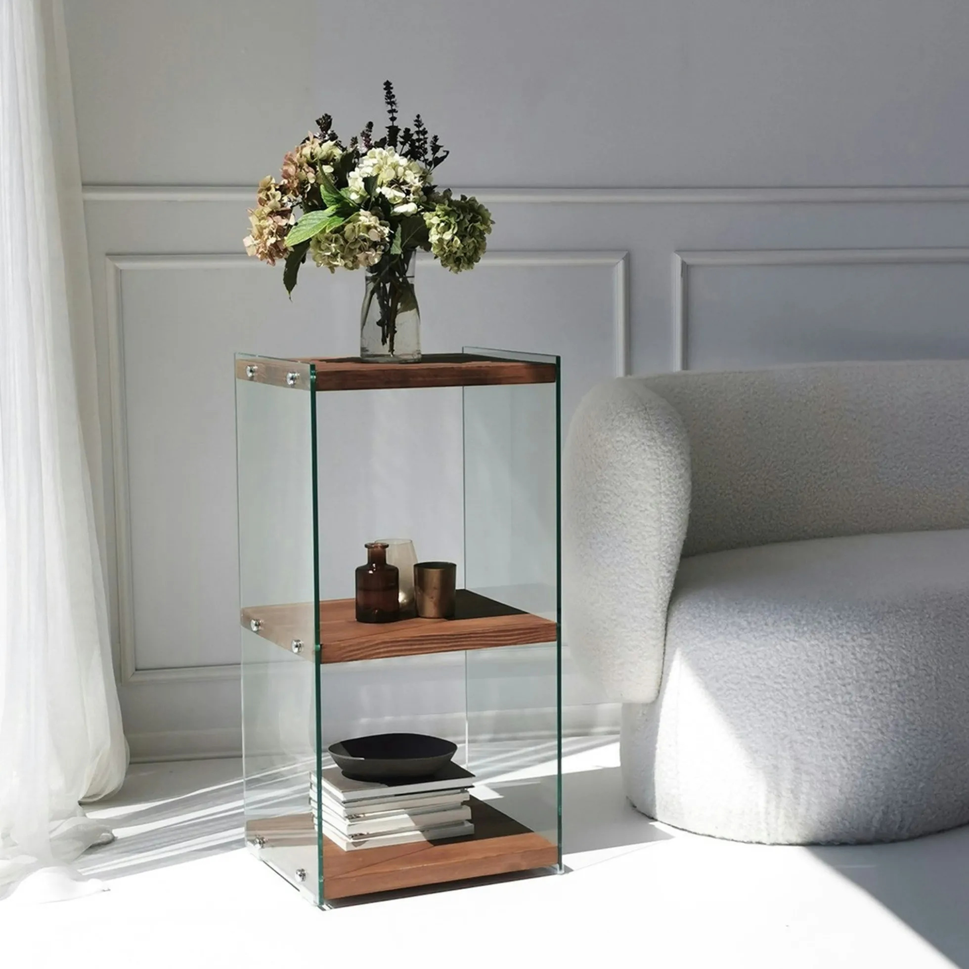 Colonne vitrine design - bois marron, 3 plateaux LHASA