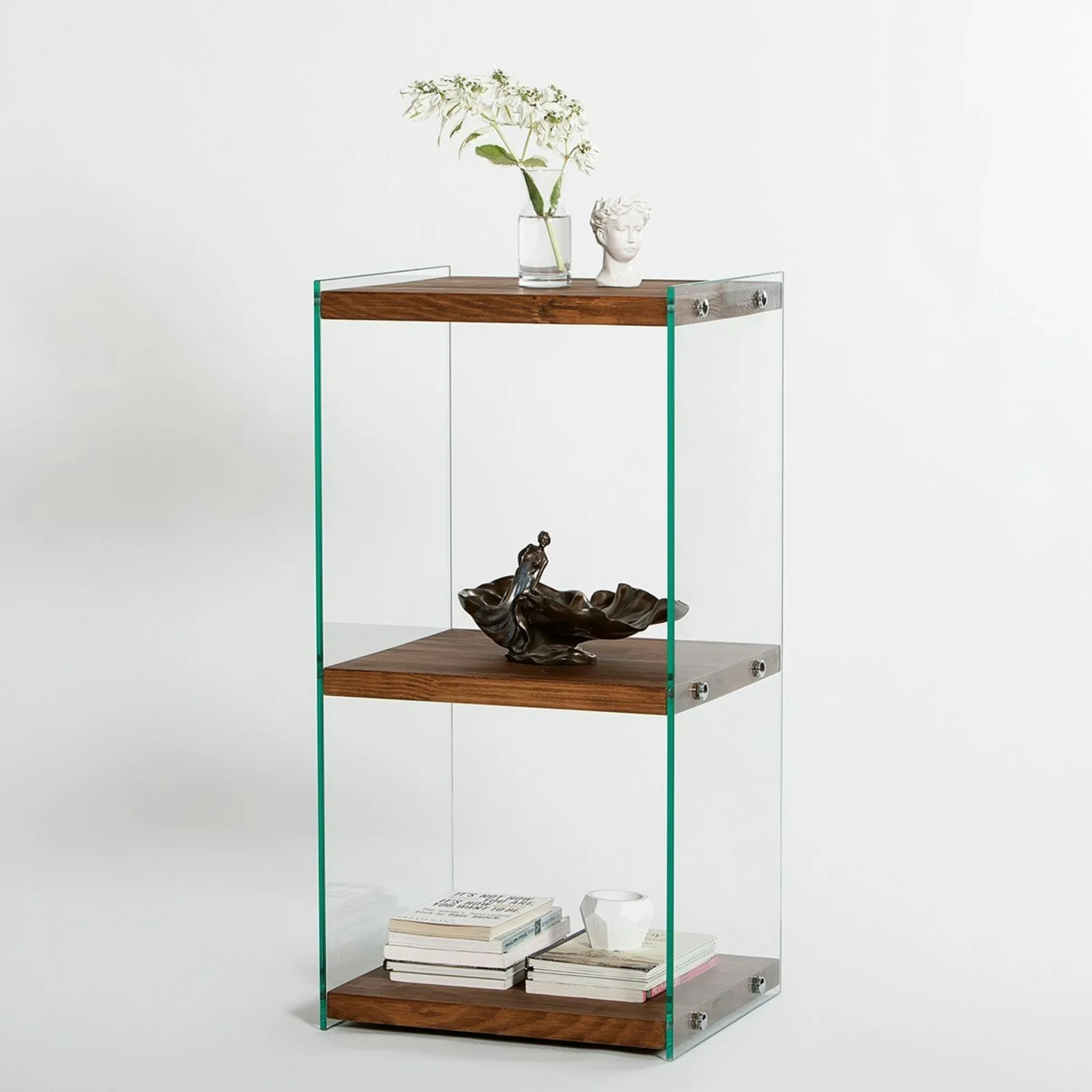 Colonne vitrine design - bois marron, 3 plateaux LHASA