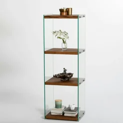 Colonne vitrine design - bois marron, 4 plateaux LHASA