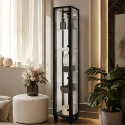 Colonne vitrine noire 5 niveaux 1 miroir RAVEN