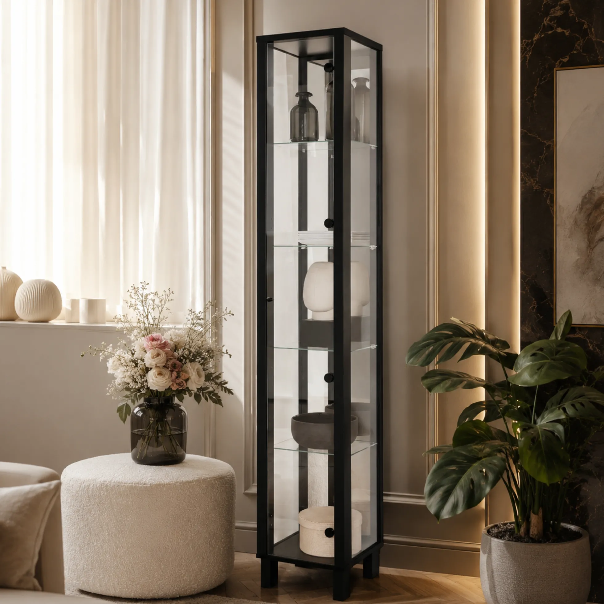 Colonne vitrine noire 5 niveaux 1 miroir RAVEN