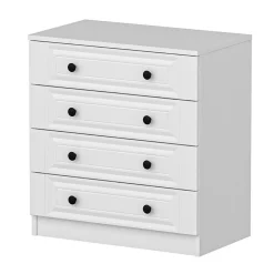 Commode blanche classique 4 tiroirs, boutons noirs MARFA