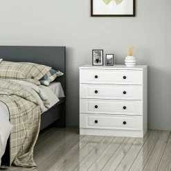 Commode blanche classique 4 tiroirs, boutons noirs MARFA