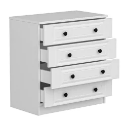 Commode blanche classique 4 tiroirs, boutons noirs MARFA