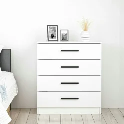 Commode blanche moderne 4 tiroirs, poignées noires MARFA