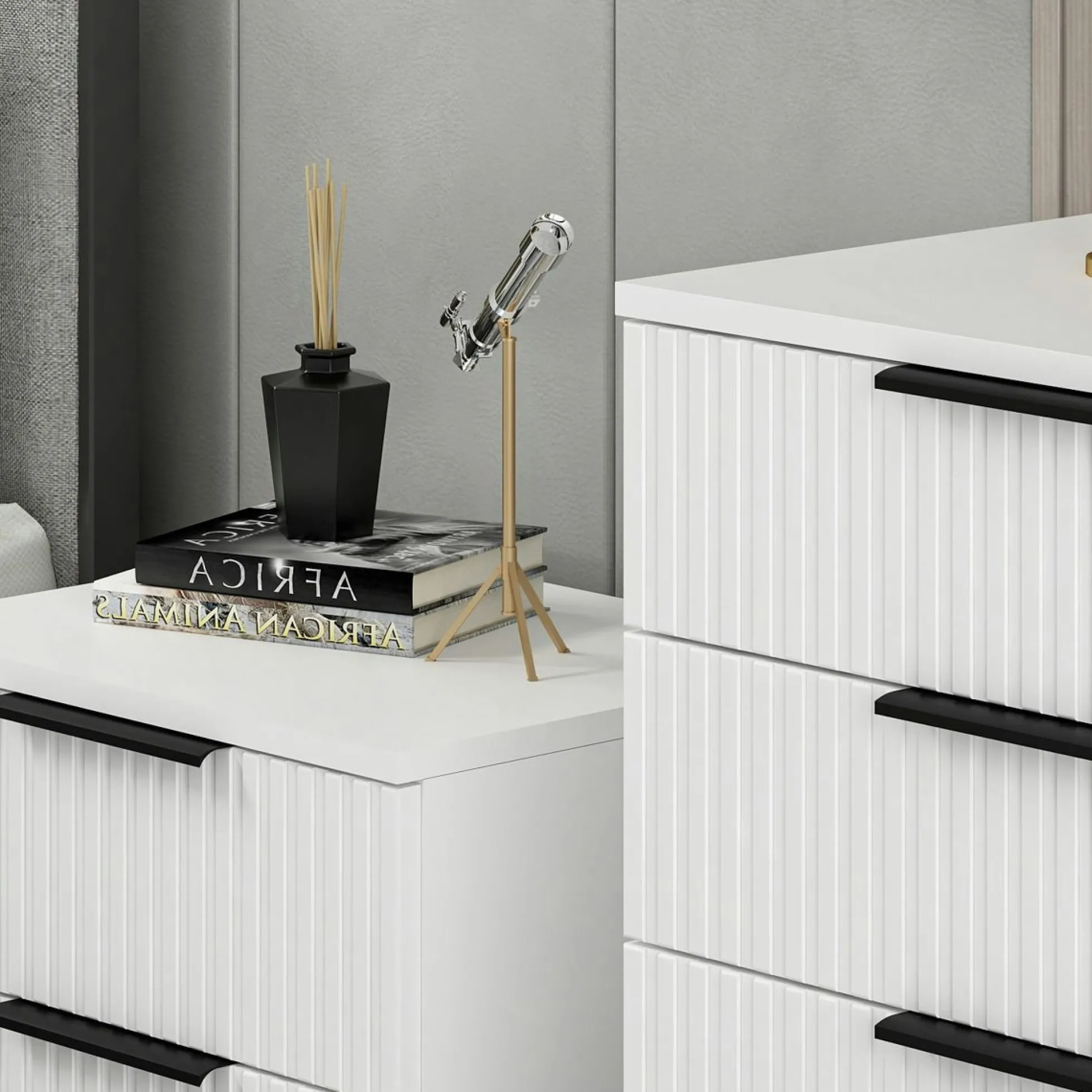 Commode blanche moderne 4 tiroirs, façade rainurée BYRON