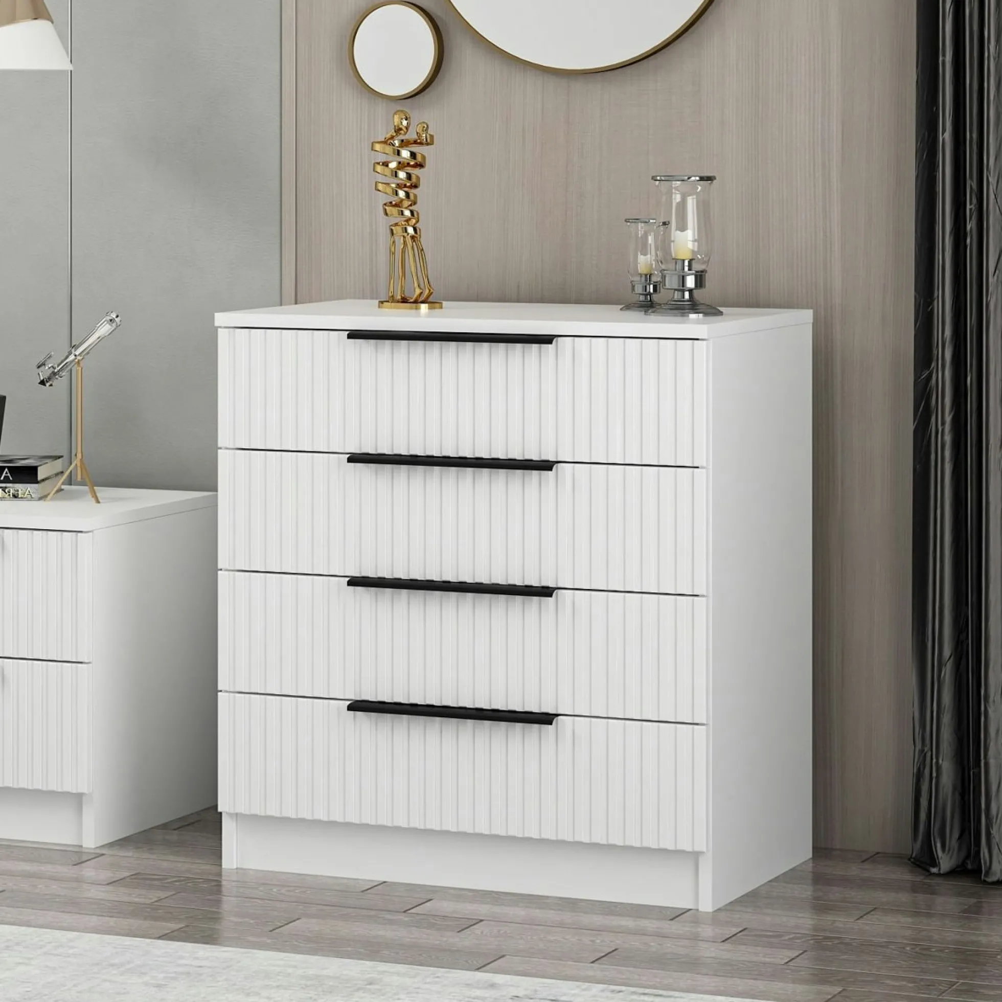 Commode blanche moderne 4 tiroirs, façade rainurée BYRON