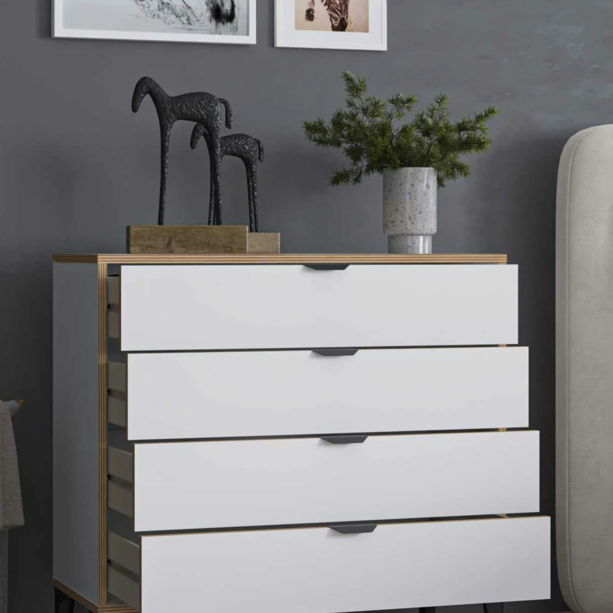 Commode blanche 4 tiroirs moderne BYRON
