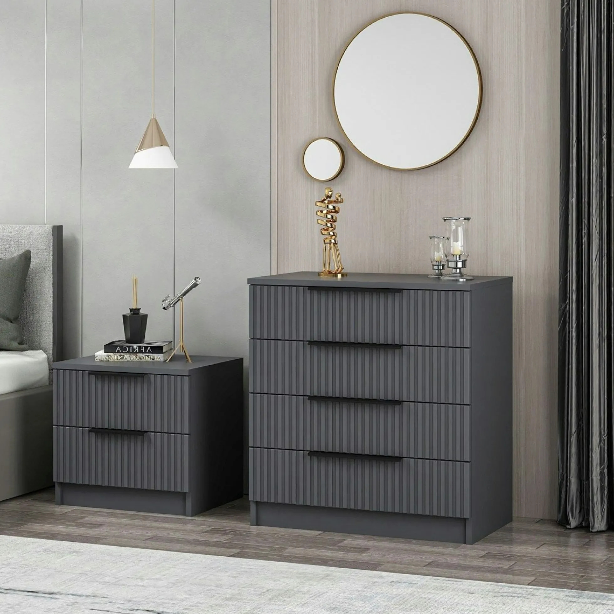 Commode chambre 4 tiroirs, façade grise rainurée BYRON