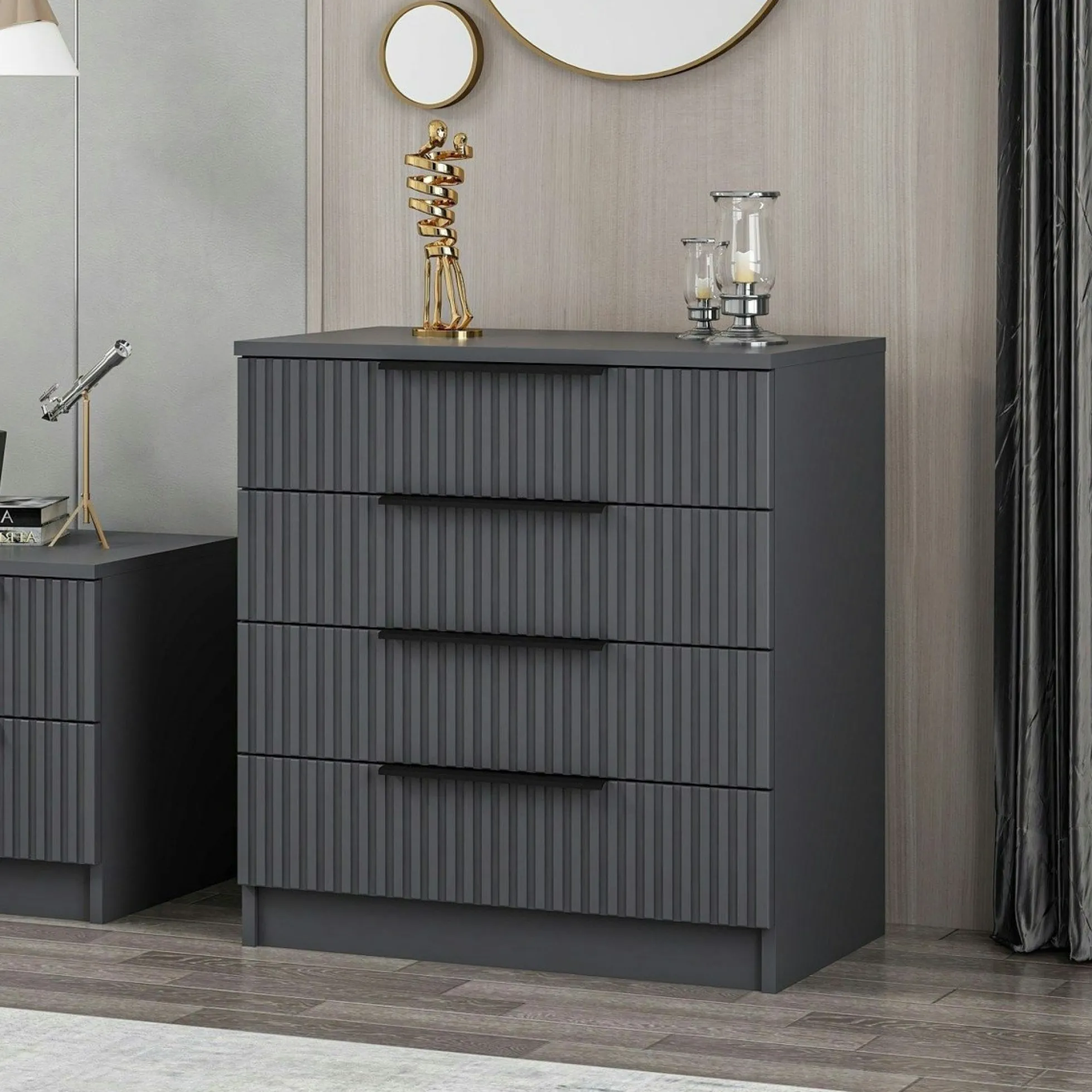 Commode chambre 4 tiroirs, façade grise rainurée BYRON