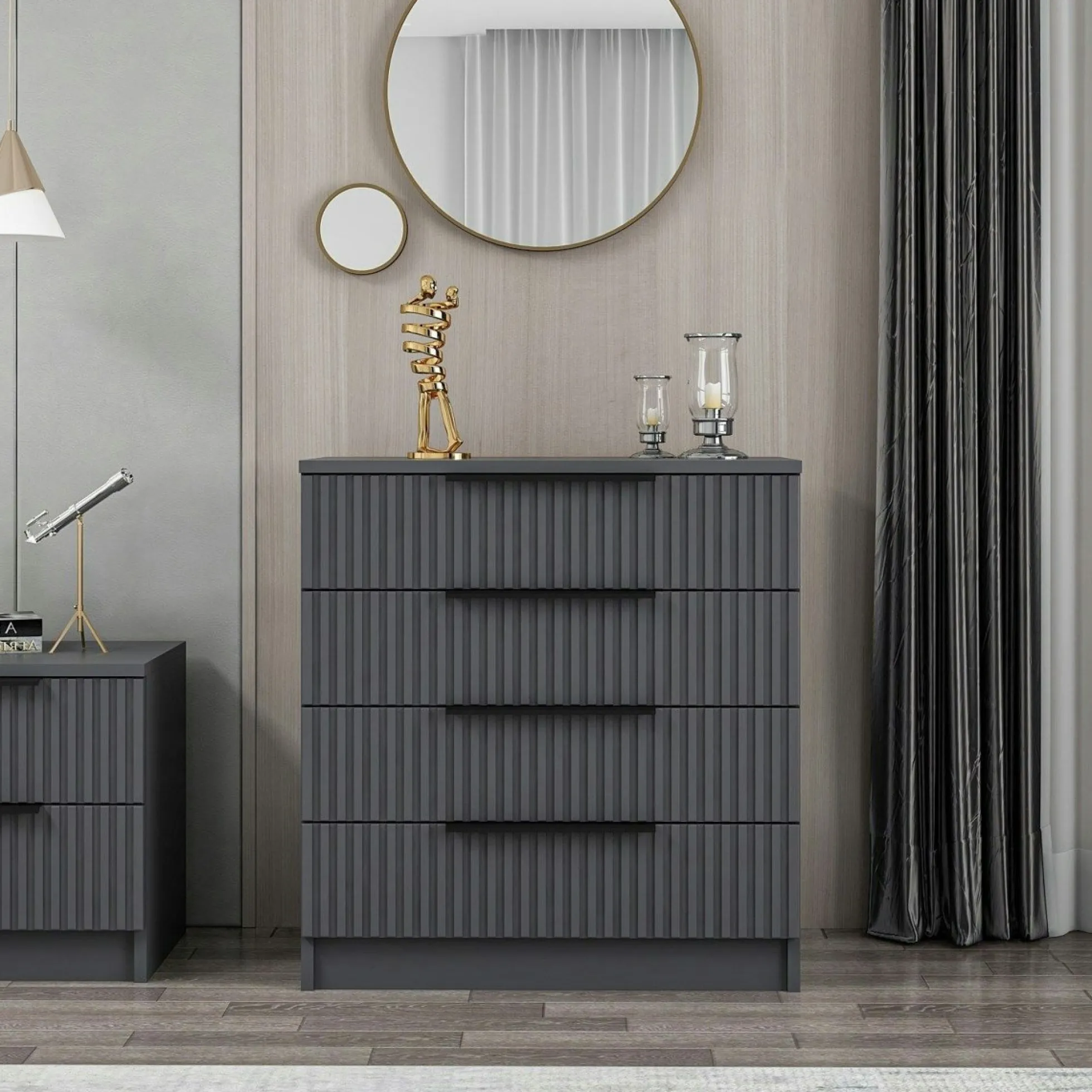 Commode chambre 4 tiroirs, façade grise rainurée BYRON