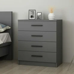 Commode grise moderne 4 tiroirs, poignées noires MARFA