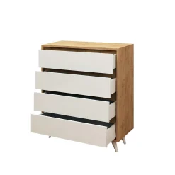 Commode moderne effet chêne 4 tiroirs blancs BYRON