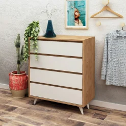 Commode moderne effet chêne 4 tiroirs blancs BYRON