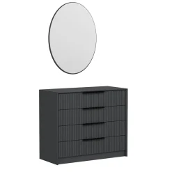 Commode moderne grise 4 tiroirs, miroir assorti BYRON