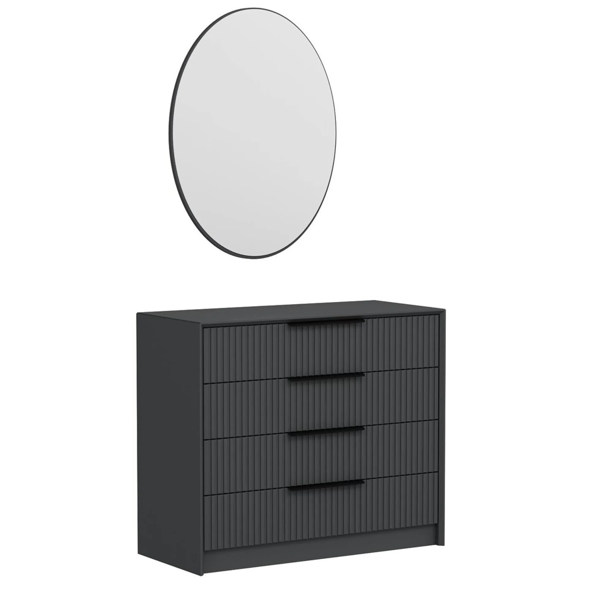 Commode moderne grise 4 tiroirs, miroir assorti BYRON
