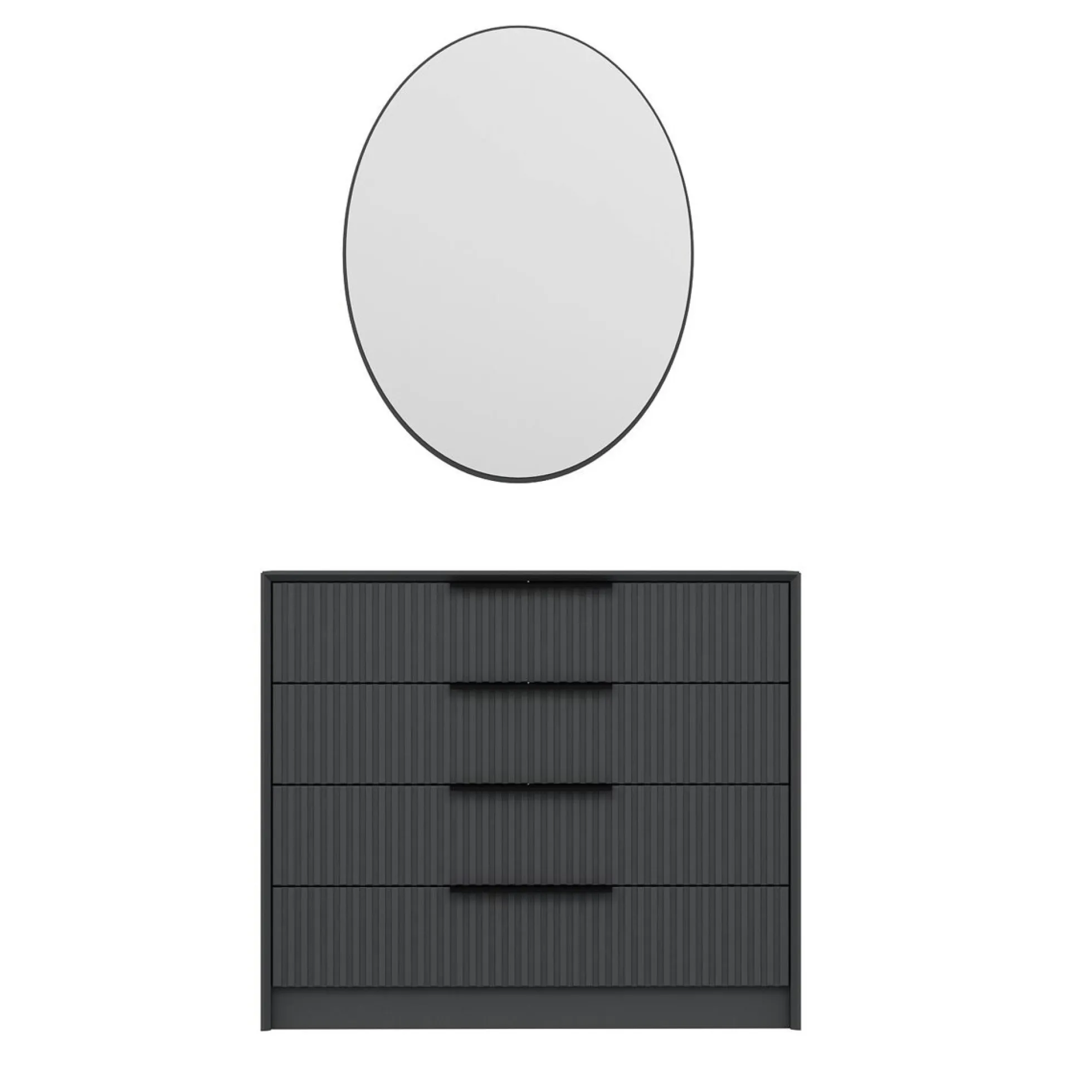 Commode moderne grise 4 tiroirs, miroir assorti BYRON