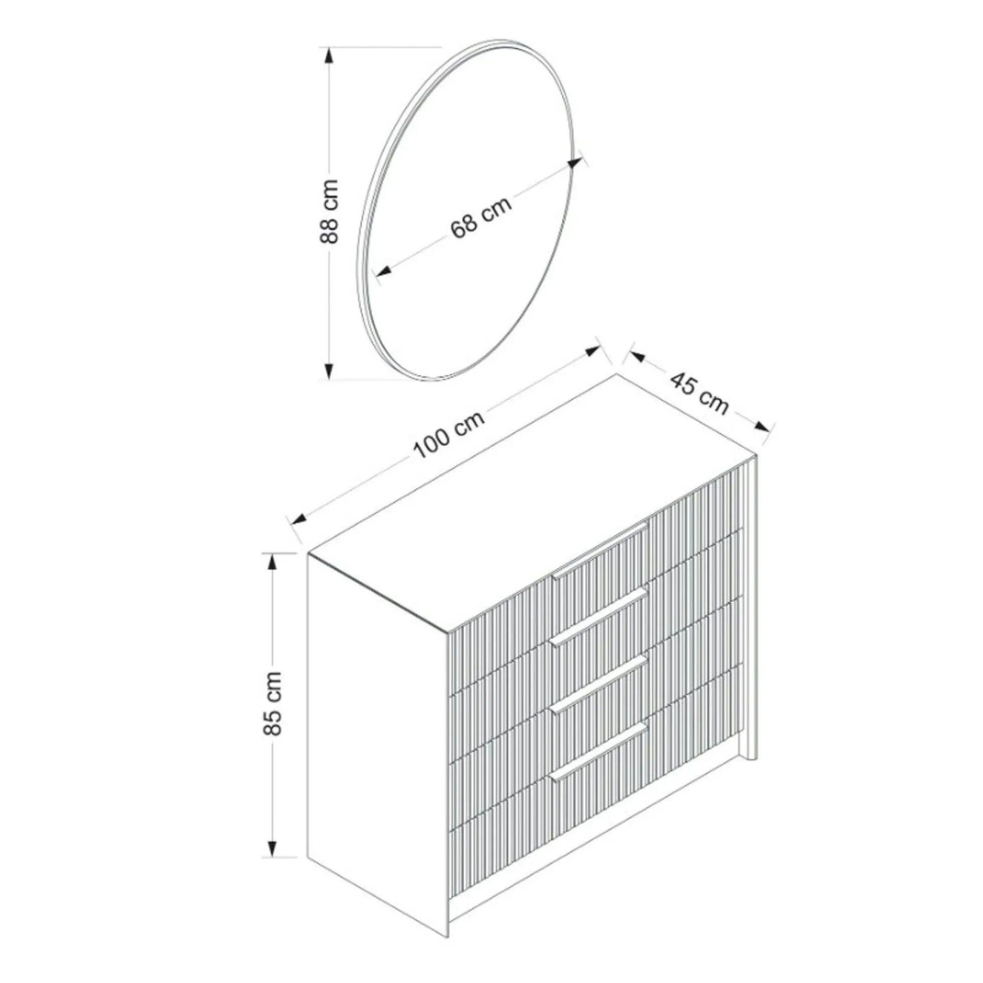 Commode moderne grise 4 tiroirs, miroir assorti BYRON