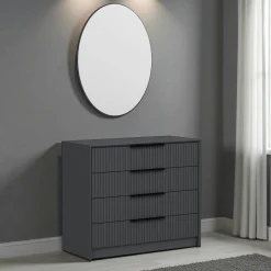 Commode moderne grise 4 tiroirs, miroir assorti BYRON