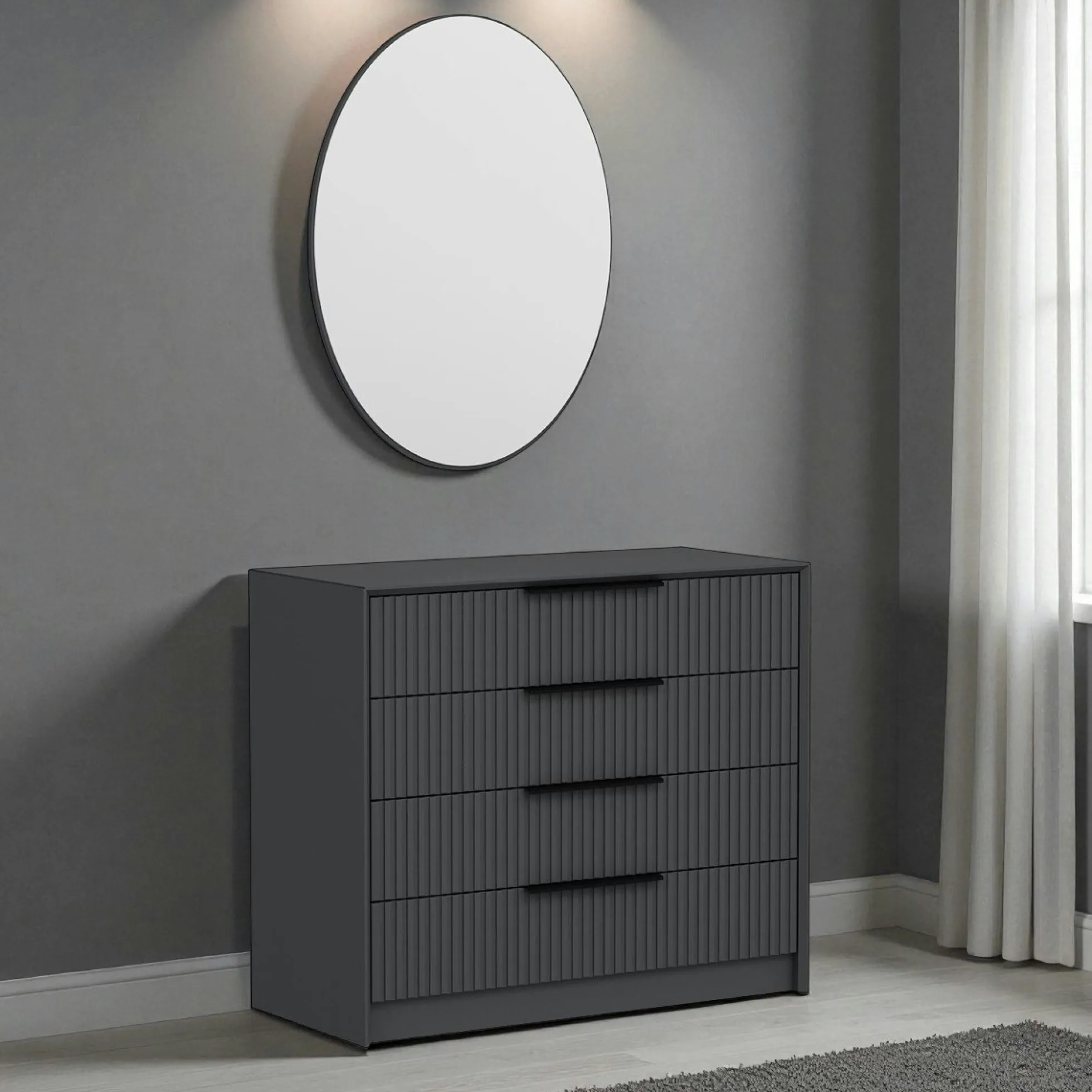 Commode moderne grise 4 tiroirs, miroir assorti BYRON