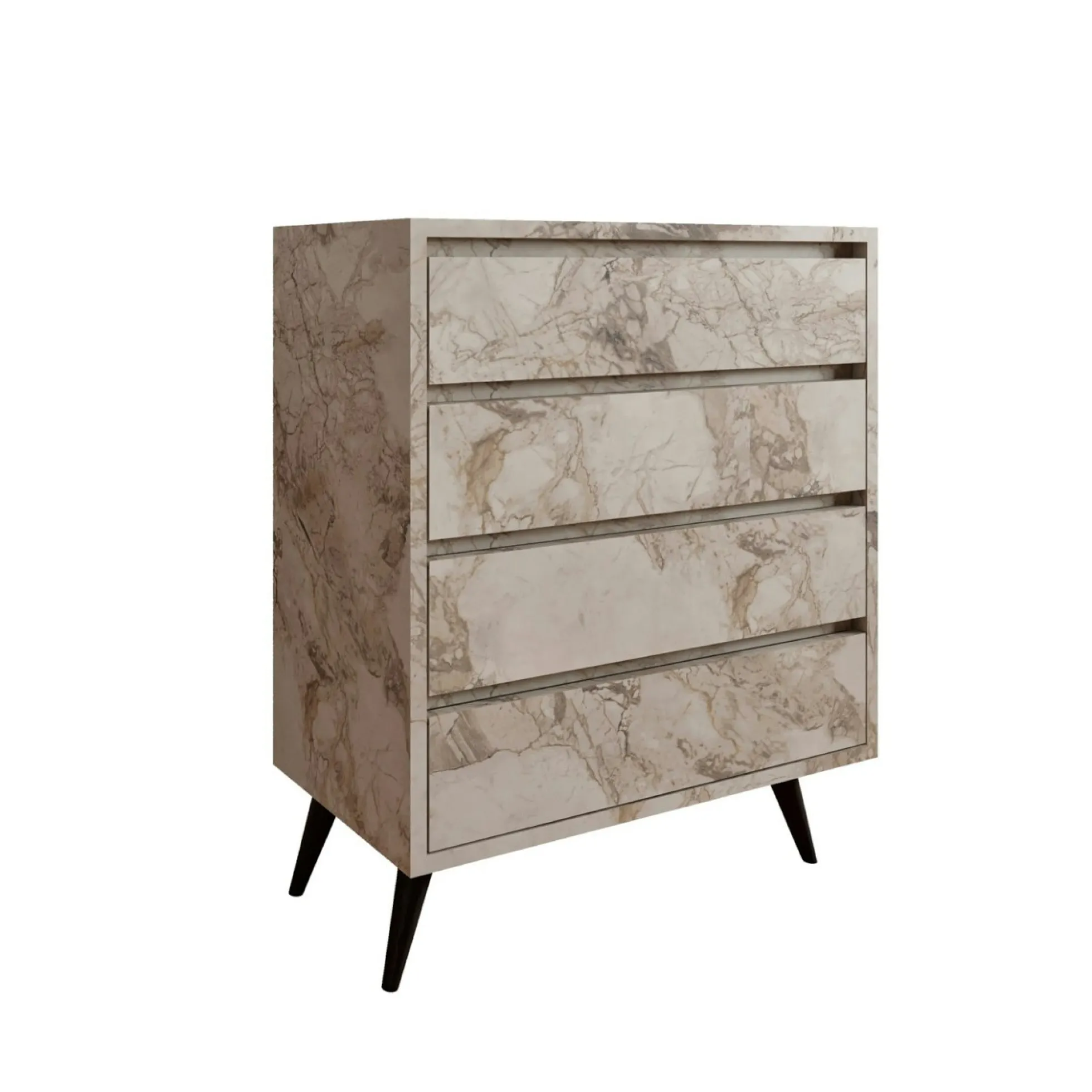 Commode moderne 4 tiroirs effet marbre, pieds noirs MARFA
