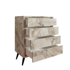 Commode moderne 4 tiroirs effet marbre, pieds noirs MARFA
