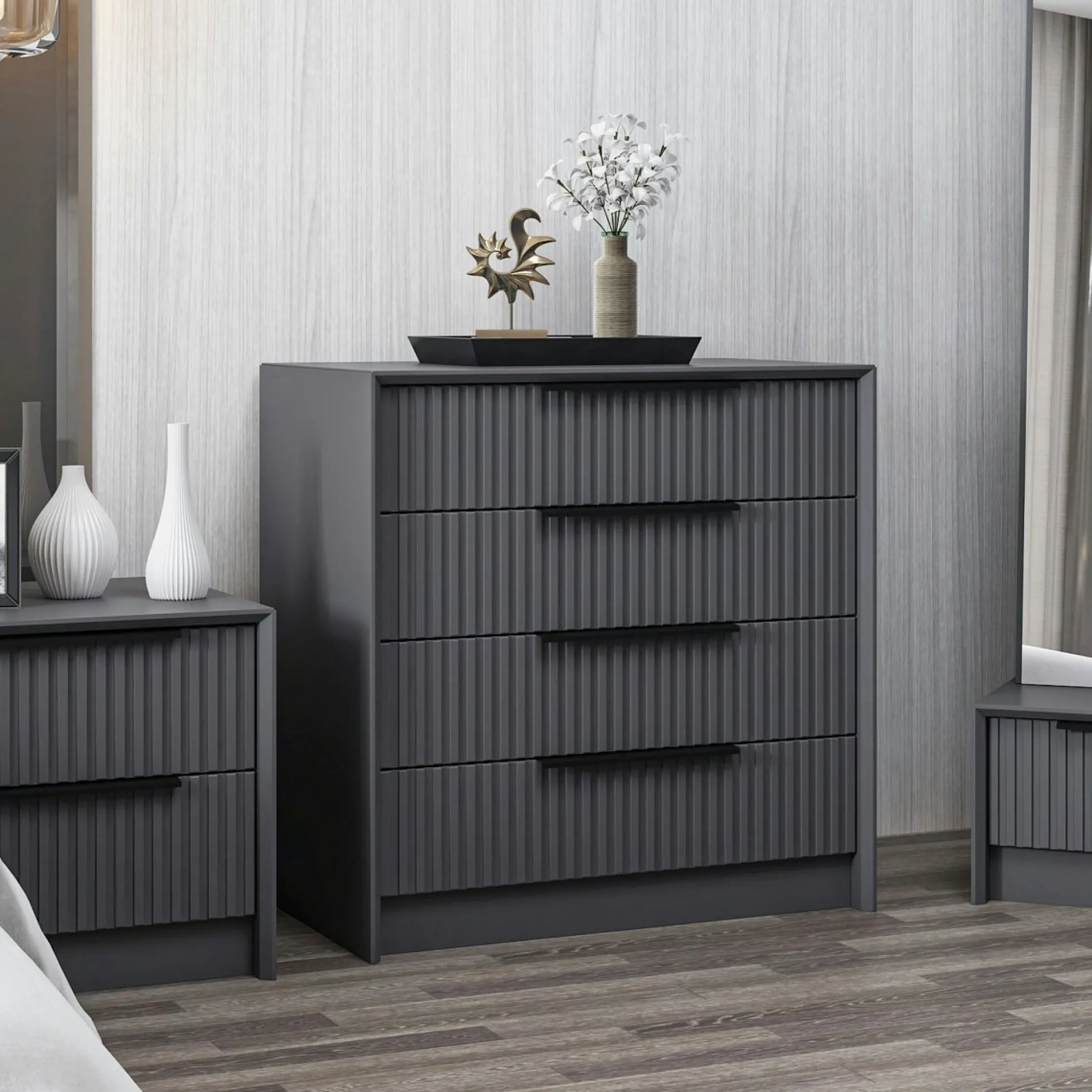 Commode moderne 4 tiroirs grise, façade rainurée BYRON