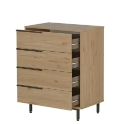 Commode rangement 4 tiroirs à détails noirs, effet bois JENA