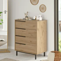 Commode rangement 4 tiroirs à détails noirs, effet bois JENA