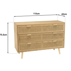 Commode 3 tiroirs bois clair et cannage ALGA
