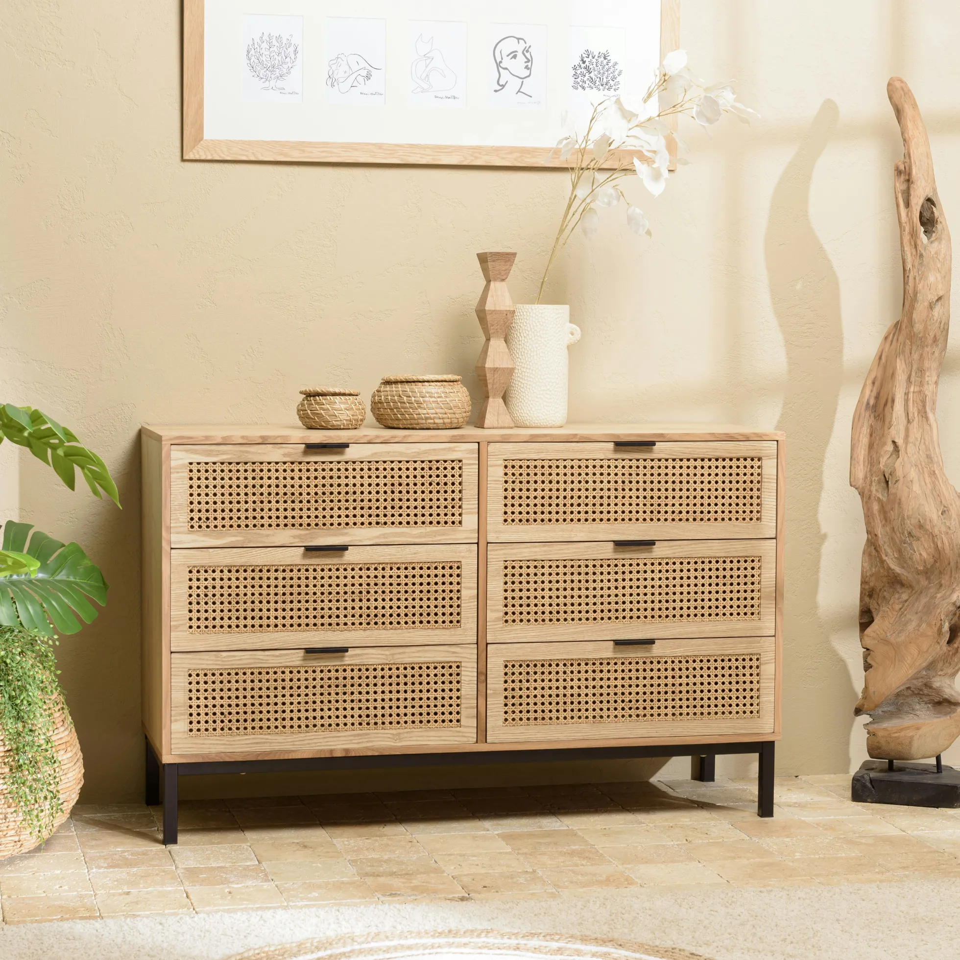 Commode 6 tiroirs bois clair et rotin pieds métal PALMA
