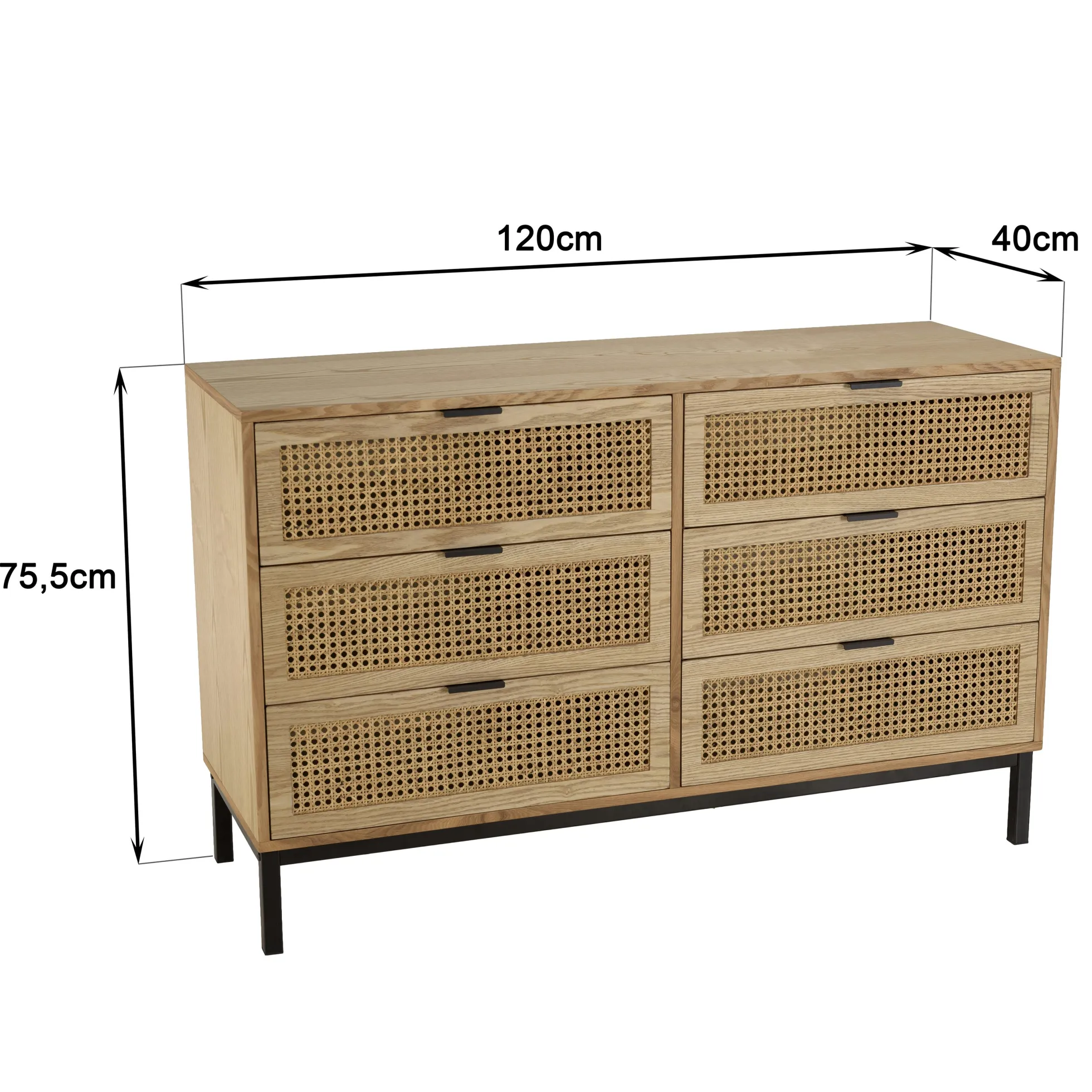 Commode 6 tiroirs bois clair et rotin pieds métal PALMA