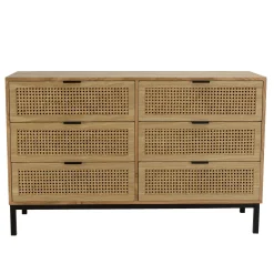 Commode 6 tiroirs bois clair et rotin pieds métal PALMA