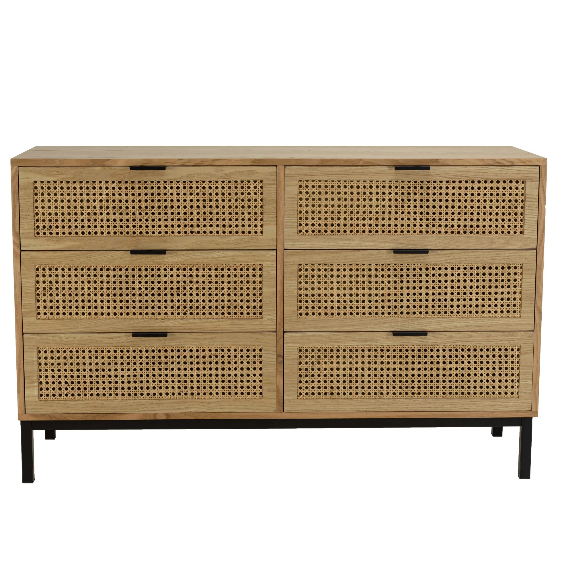 Commode 6 tiroirs bois clair et rotin pieds métal PALMA