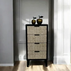 Commode 4 tiroirs bois et métal décor oriental