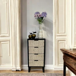Commode 4 tiroirs bois et métal décor oriental