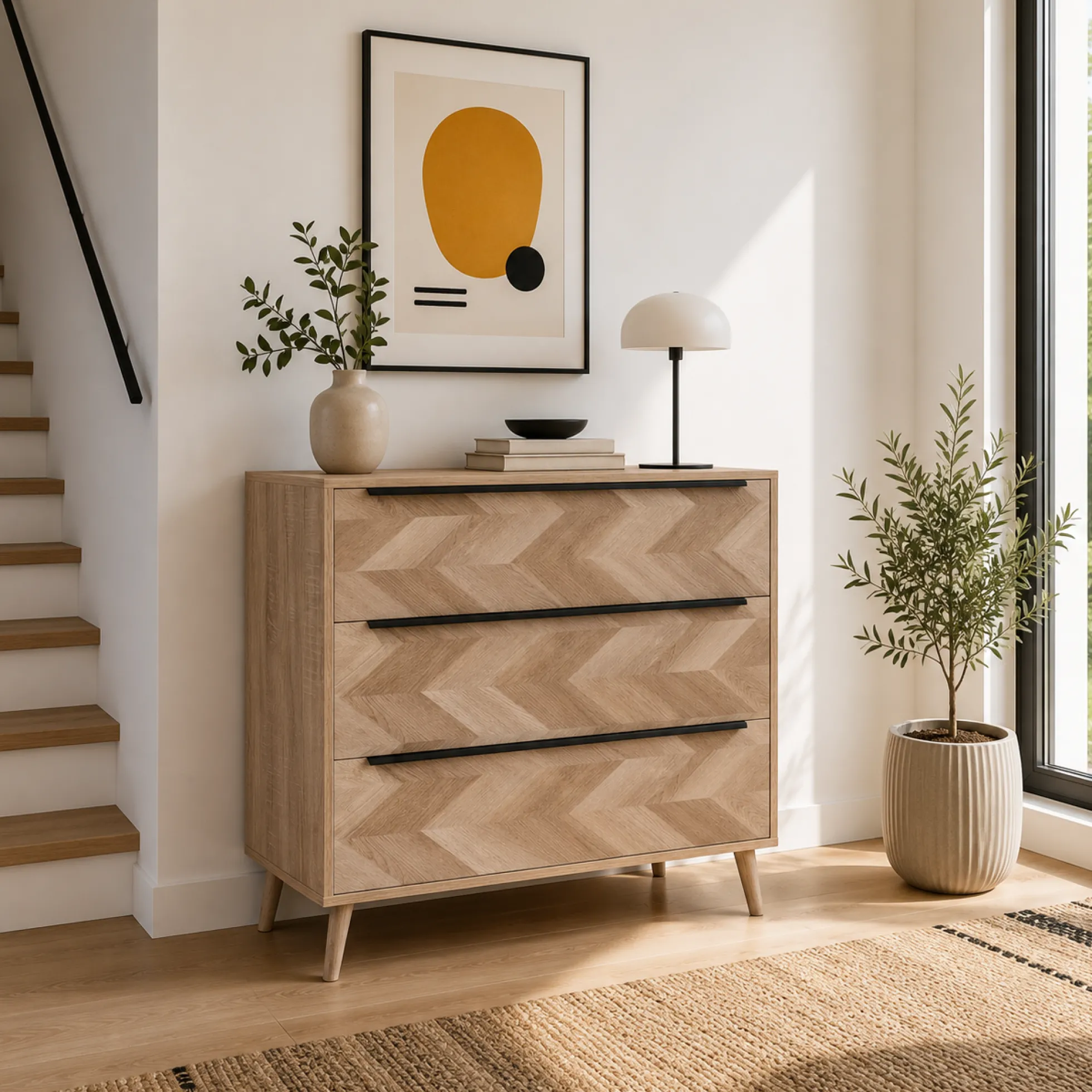 Commode 3 tiroirs décor bois motif chevron ALVA