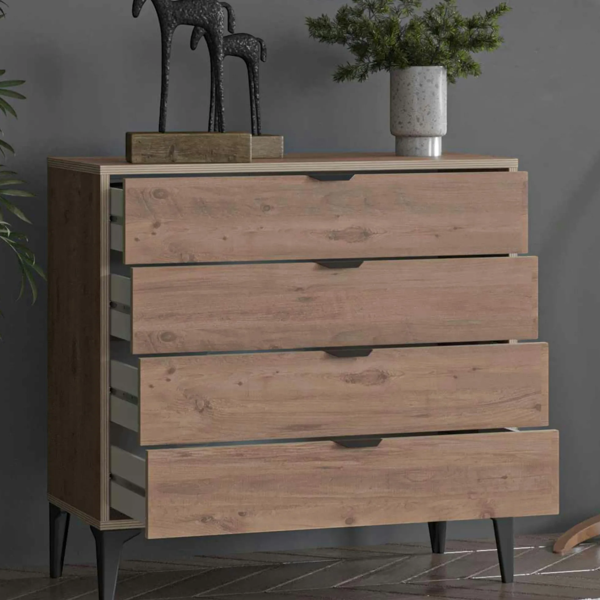 Commode 4 tiroirs décor pin moderne BYRON