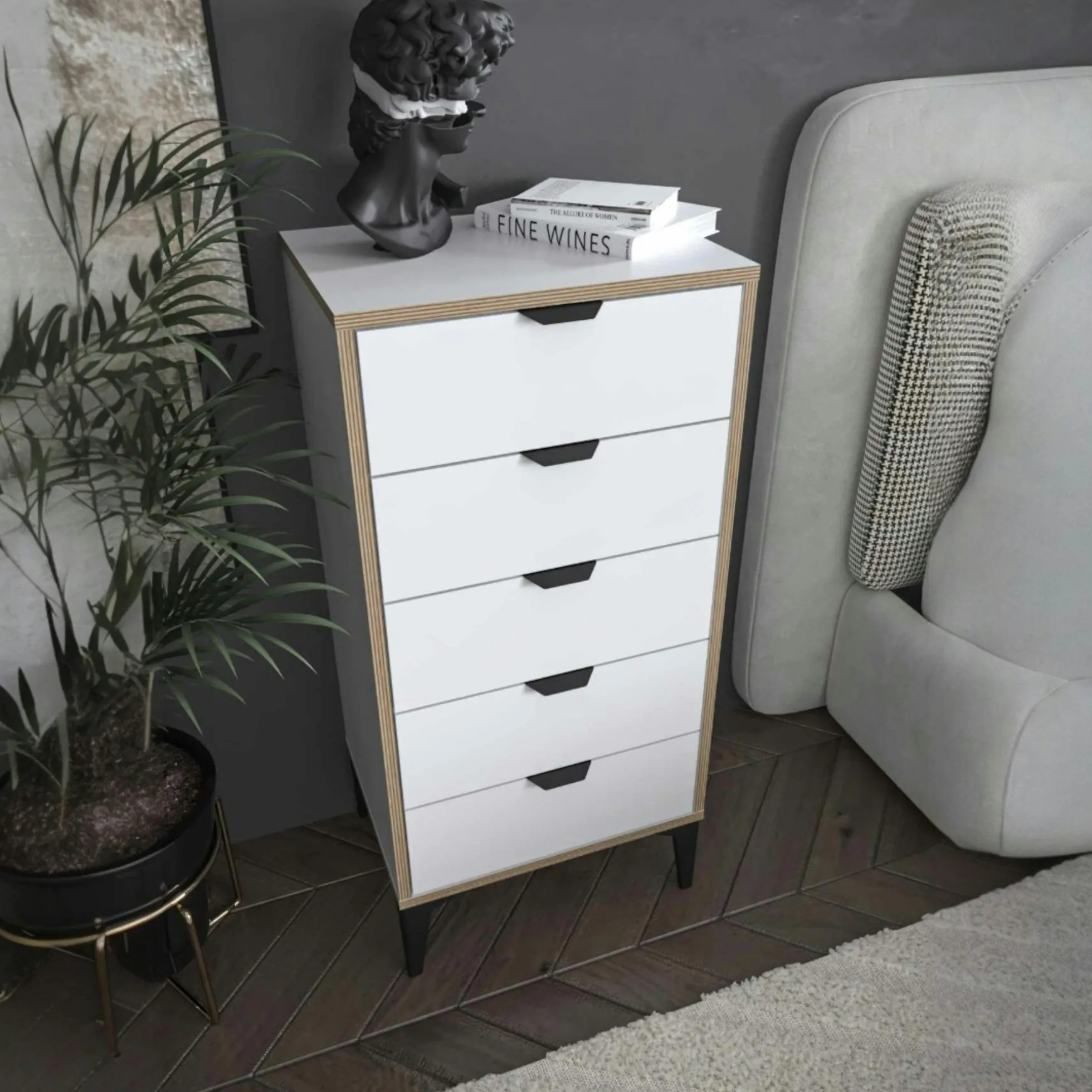 Commode étroite blanche 5 tiroirs BYRON