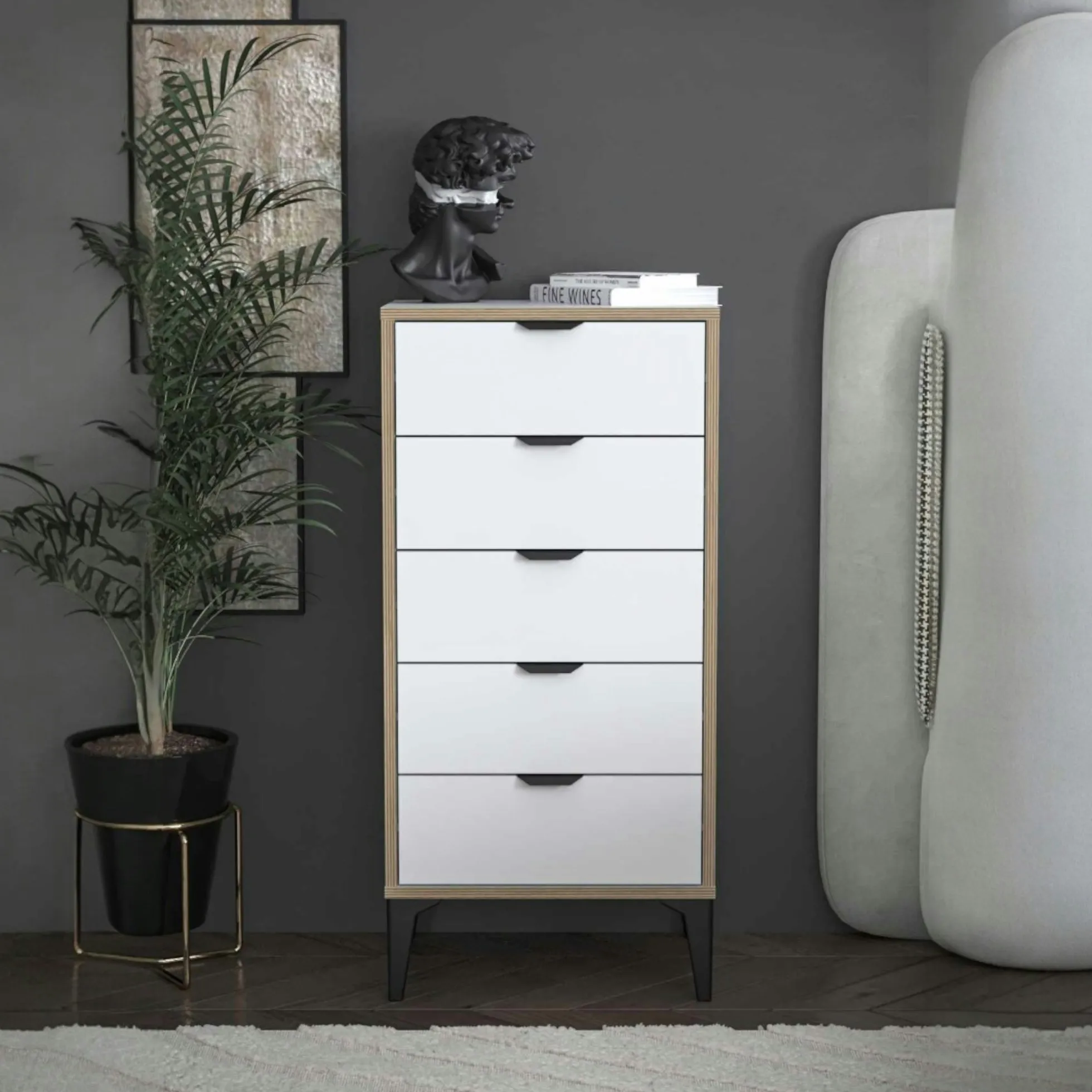 Commode étroite blanche 5 tiroirs BYRON