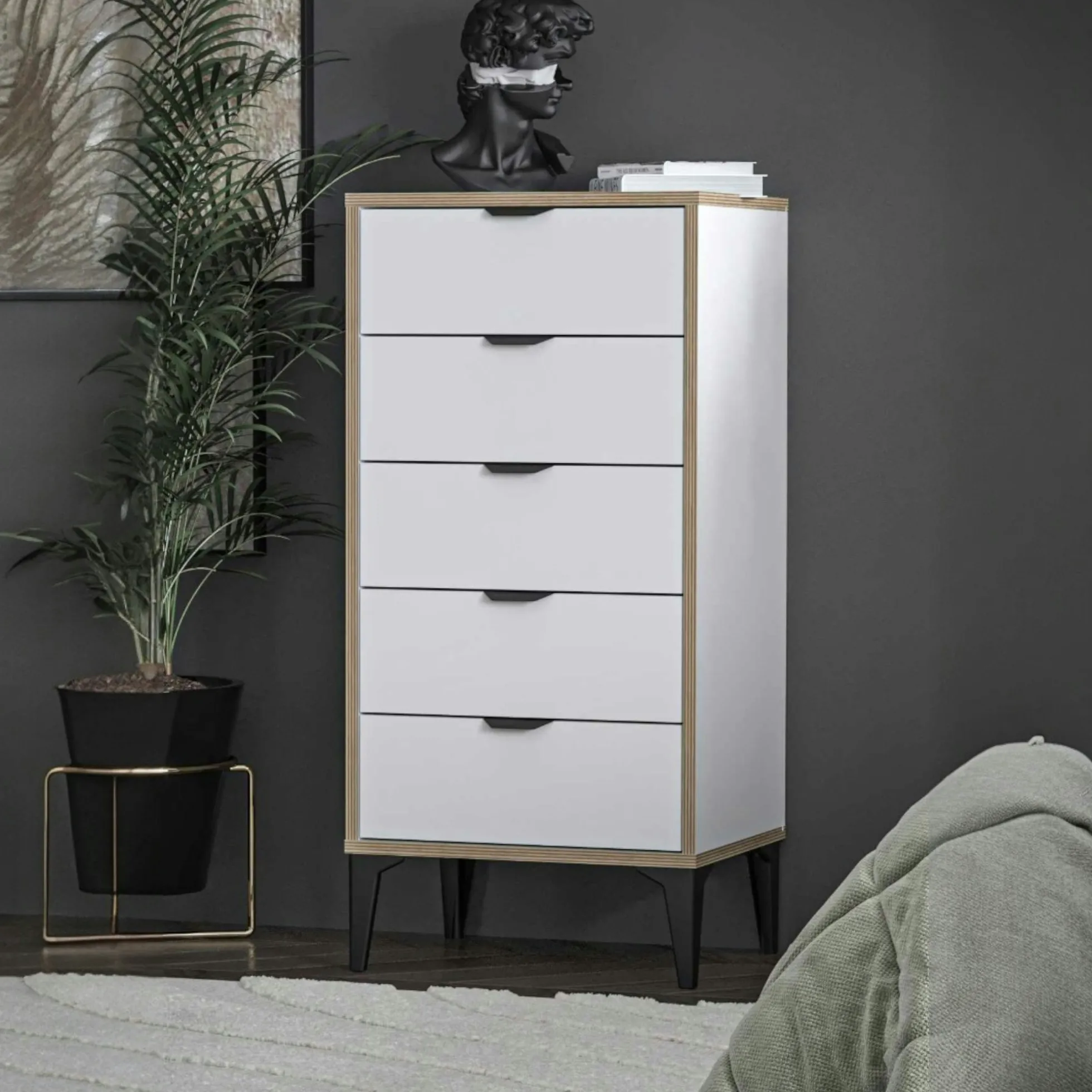Commode étroite blanche 5 tiroirs BYRON
