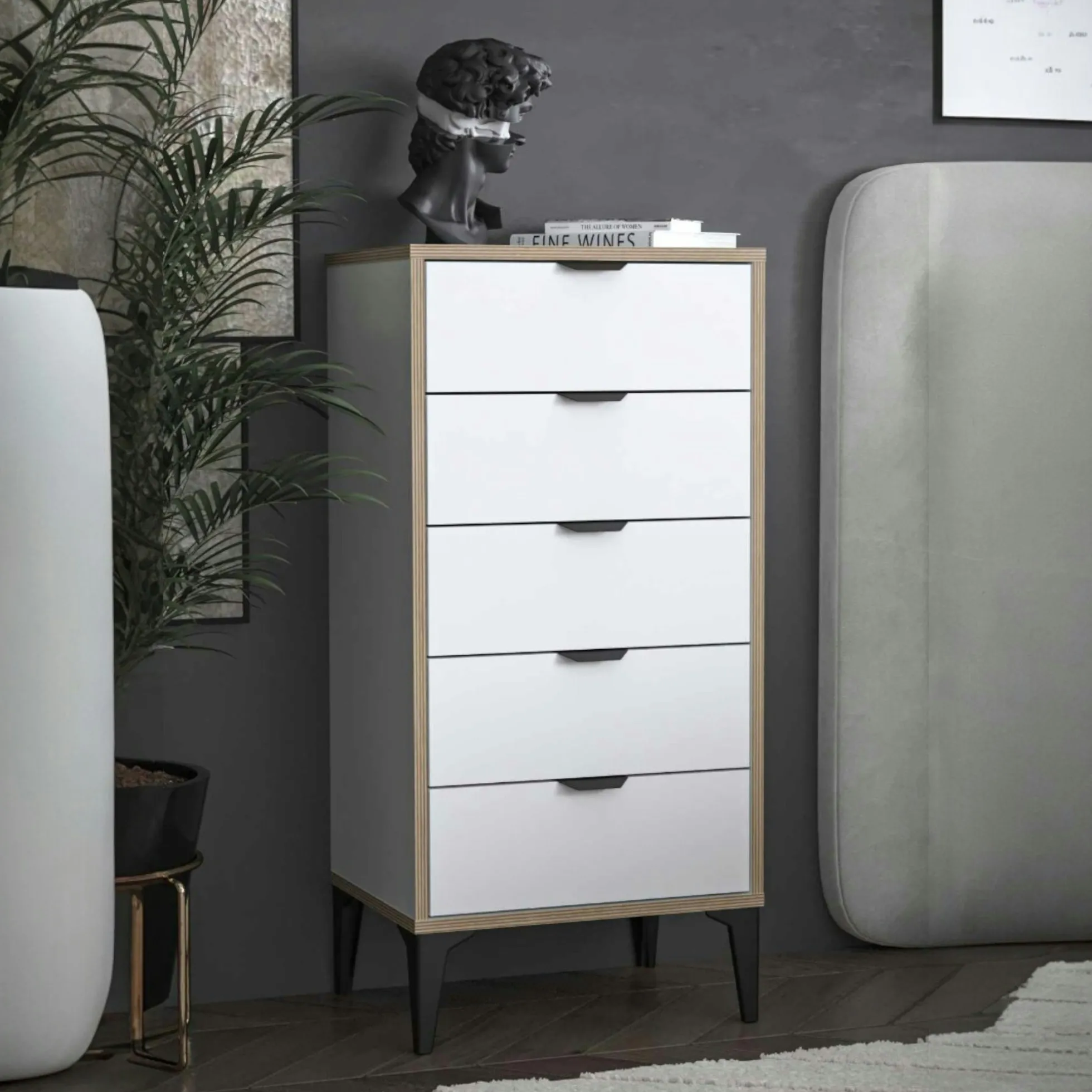 Commode étroite blanche 5 tiroirs BYRON